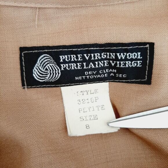 Vintage 100% Virgin Wool Long Sleeve Pop-Over Semi-Sheer Dress Tan Sz 8 P - Picture 11 of 12